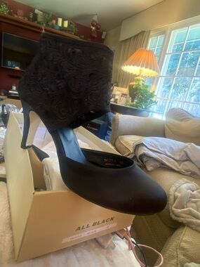 Black Women's Dress Pump with Embroidered Ankle Cuff by Black